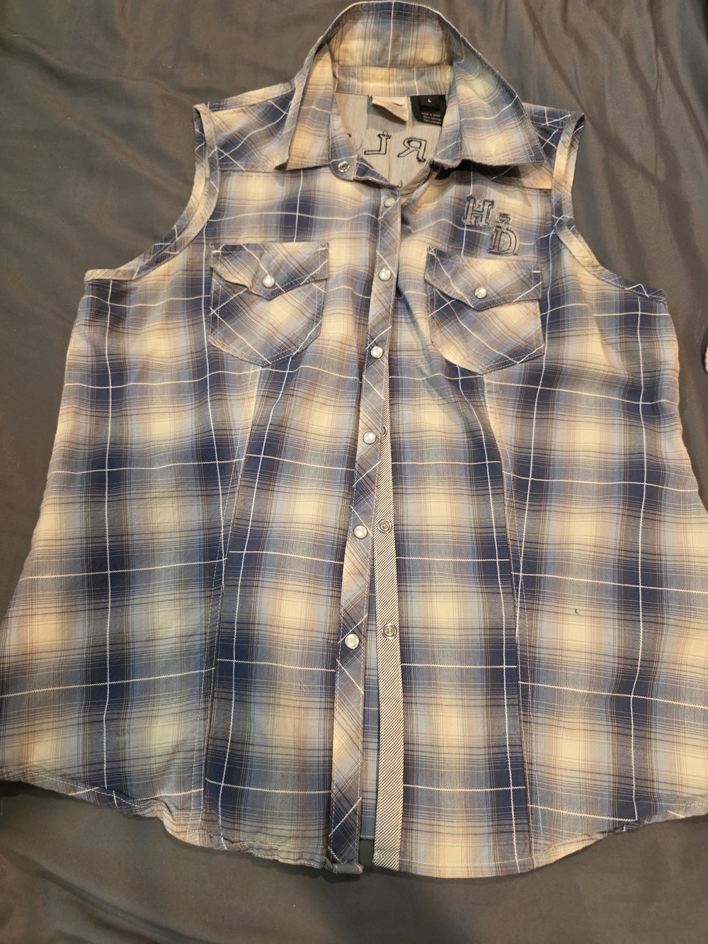 Harley-Davidson Blue and Cream Plaid Sleeveless Button-Up Shirt